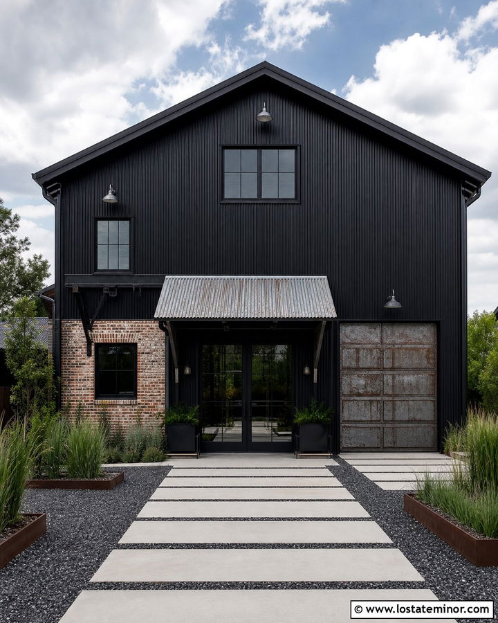 Black Industrial House With Corrugated Awning - 30 Black House Design With Awning Ideas