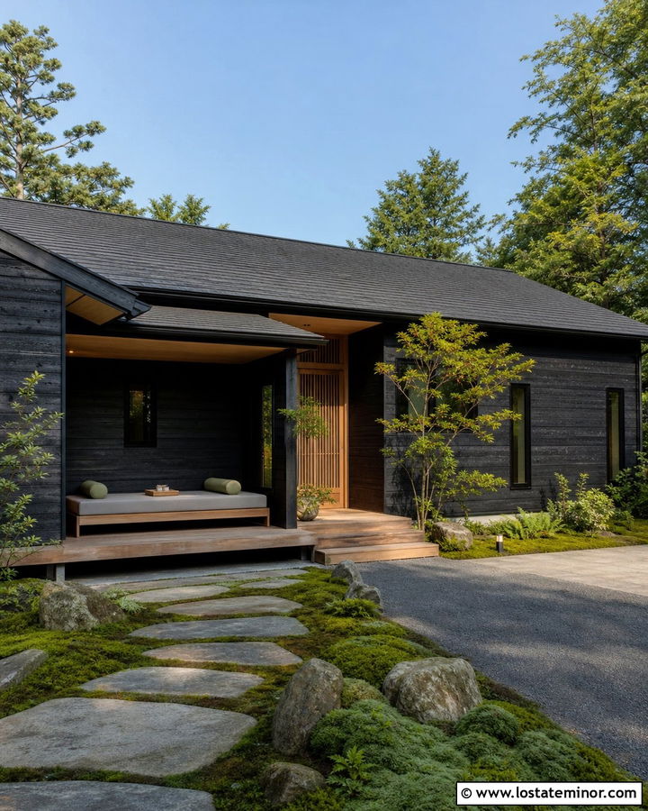 Black Japanese Inspired House With Minimal Daybed - 30 Black House Design With Daybed Ideas