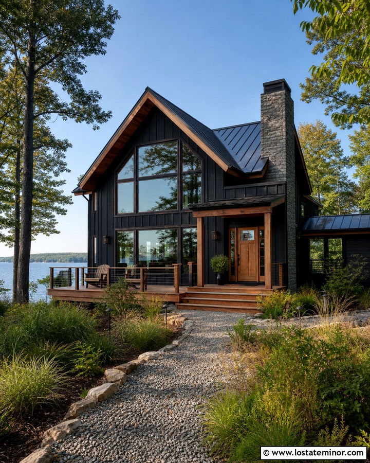 Black Lake House With Bronze Window Frames - 30 Black House Design With Window Frames Ideas