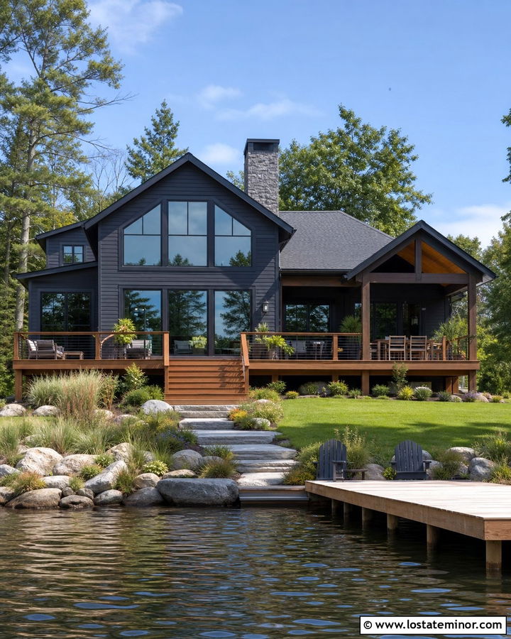 Black Lake House With Cable Railing Deck - 30 Black House Design With Deck Ideas