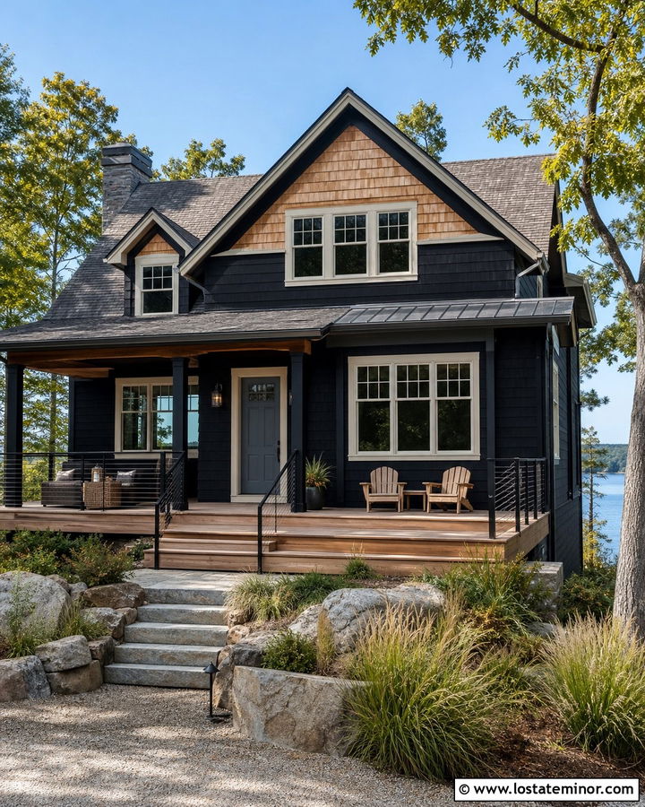 Black Lake House With Cedar Shake Gables - 30 Black House Design With Cedar Shake Ideas