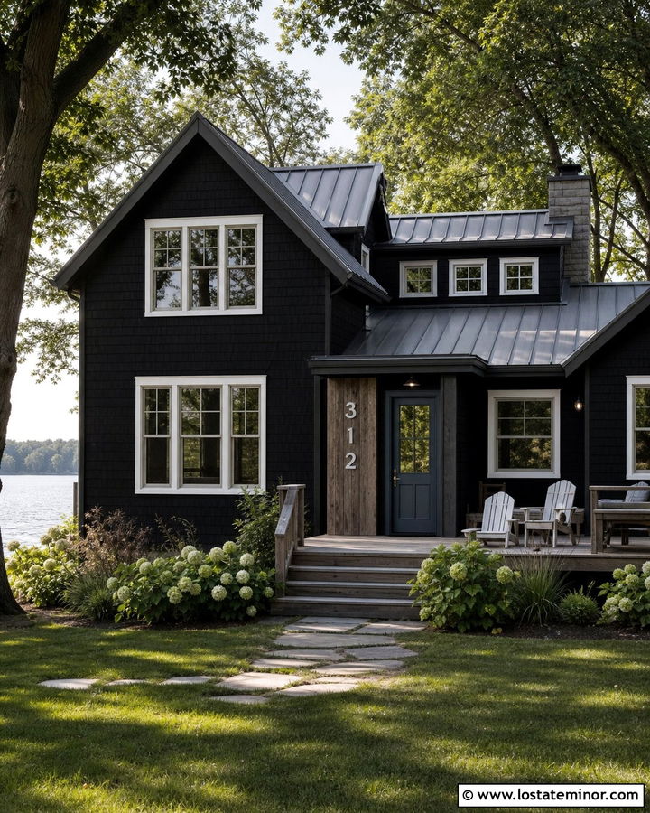 Black Lake House With Dock Inspired House Numbers - 30 Black House Design With House Numbers Ideas