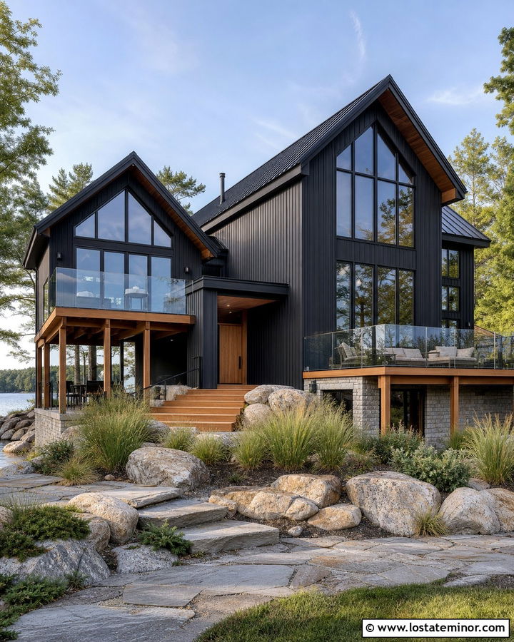Black Lake House With Glass Railings - 30 Black House Design With Siding Ideas