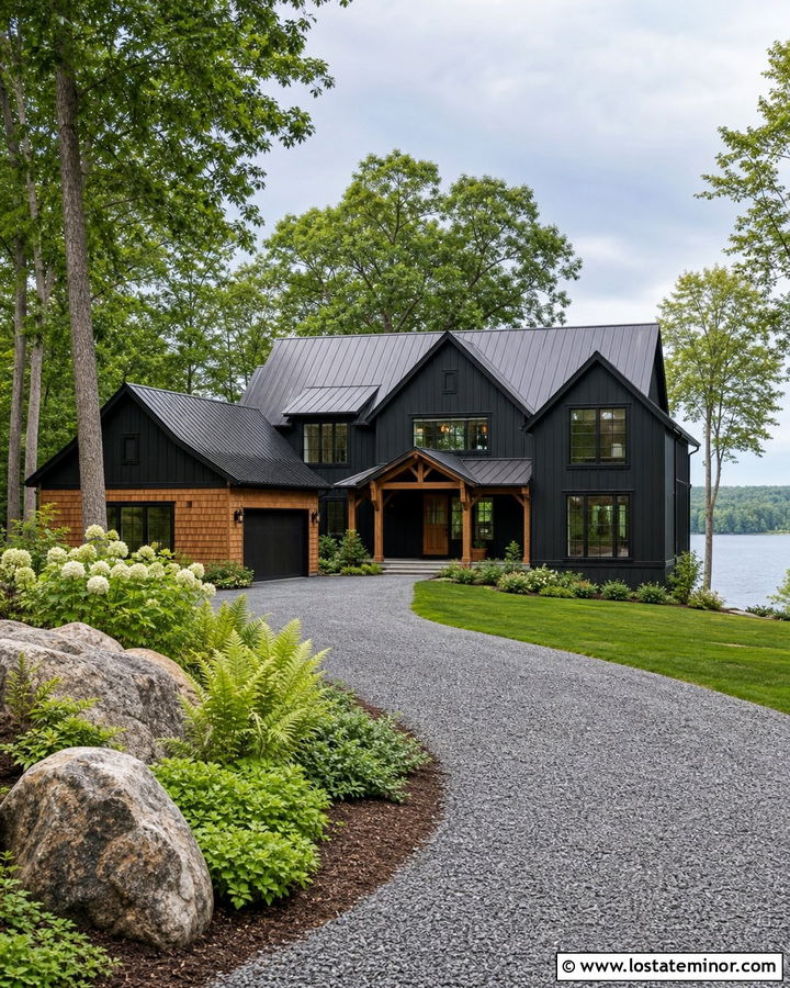 Black Lake House With Gray Gravel Driveway - 30 Black House Design With Driveway Ideas
