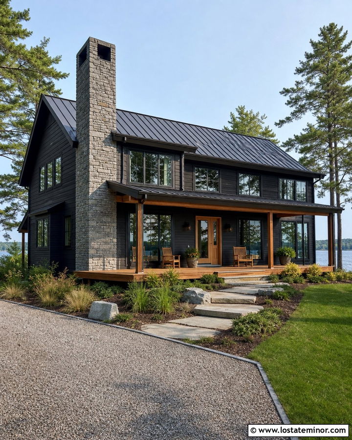 Black Lake House With Gray Stone Chimney - 30 Black House Design With Chimney Ideas