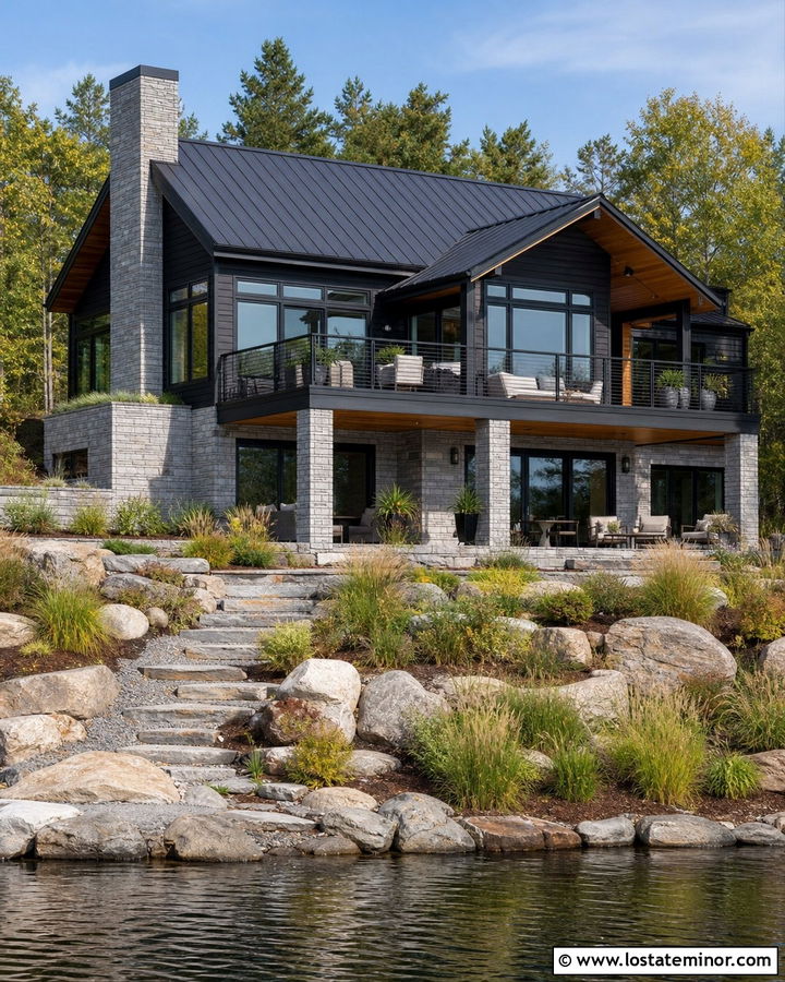 Black Lake House With Light Gray Stone - 30 Black House Design With Stone Accents Ideas