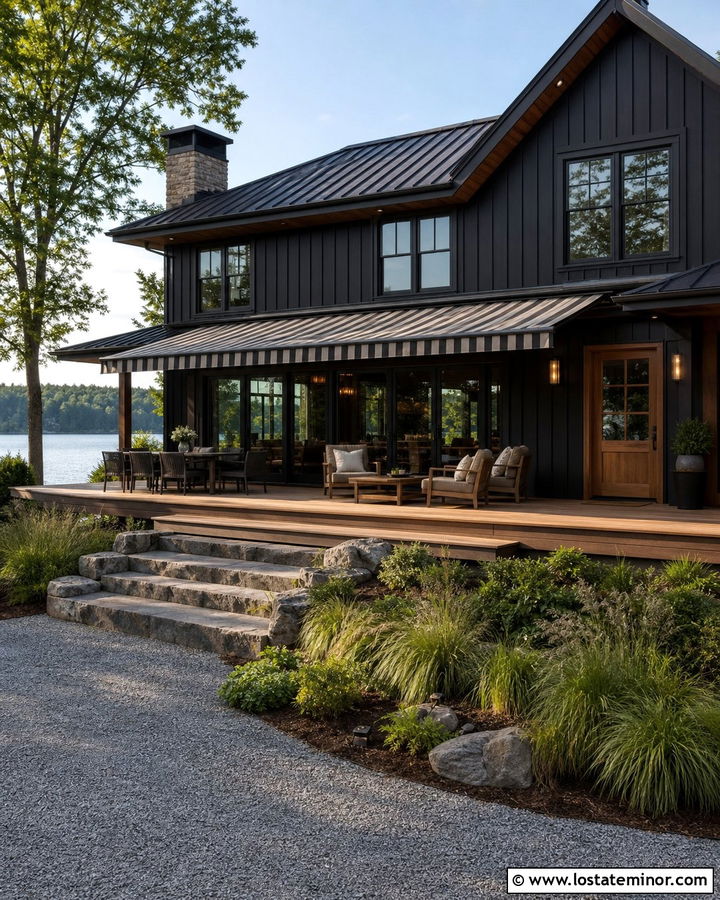 Black Lake House With Retractable Awning - 30 Black House Design With Awning Ideas