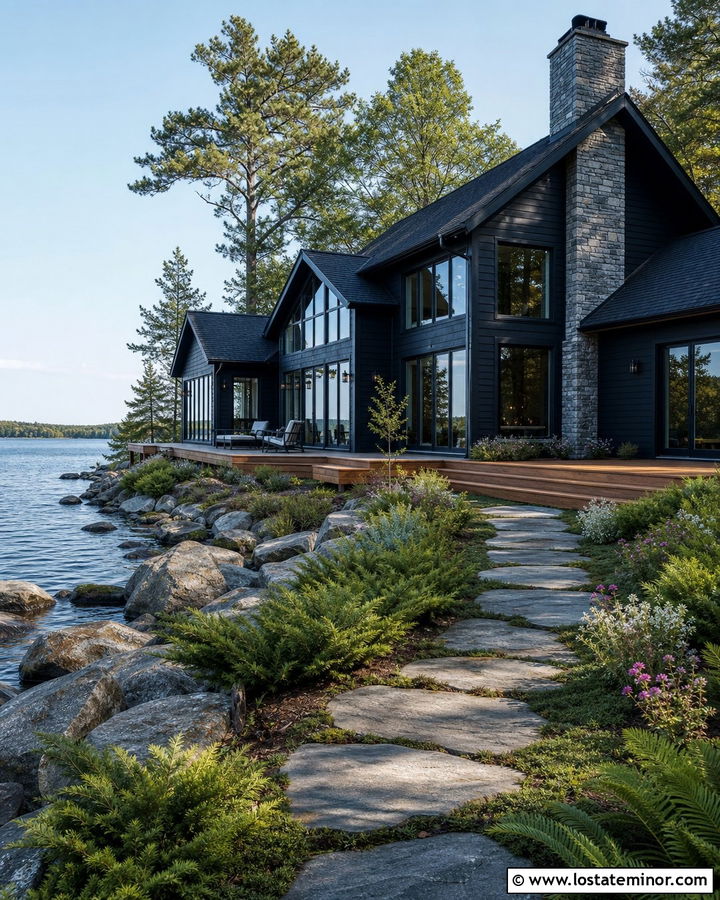 Black Lake House With Rock Landscaping - 30 Black House Design With Landscaping Ideas