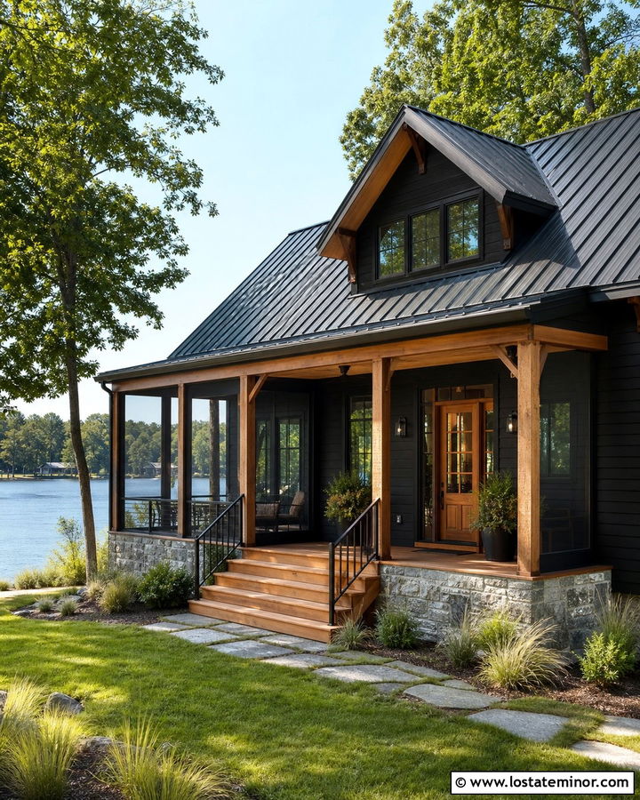 Black Lake House With Screened Cedar Porch Ceiling - 30 Black House Design With Porch Ceiling Ideas