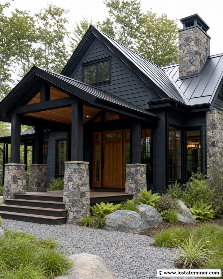 Black Lake House With Stone Porch Columns - 30 Black House Design With Porch Columns Ideas