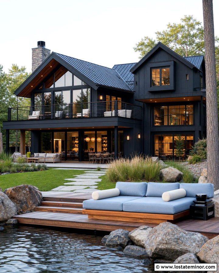 Black Lake House With Waterfront Daybed - 30 Black House Design With Daybed Ideas