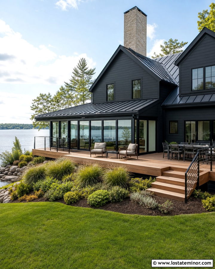 Black Lake House With Waterfront Sunroom - 30 Black House Design With Sunroom Ideas