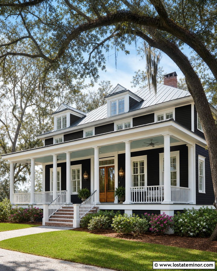 Black Lowcountry House With Sky Blue Porch Ceiling - 30 Black House Design With Porch Ceiling Ideas
