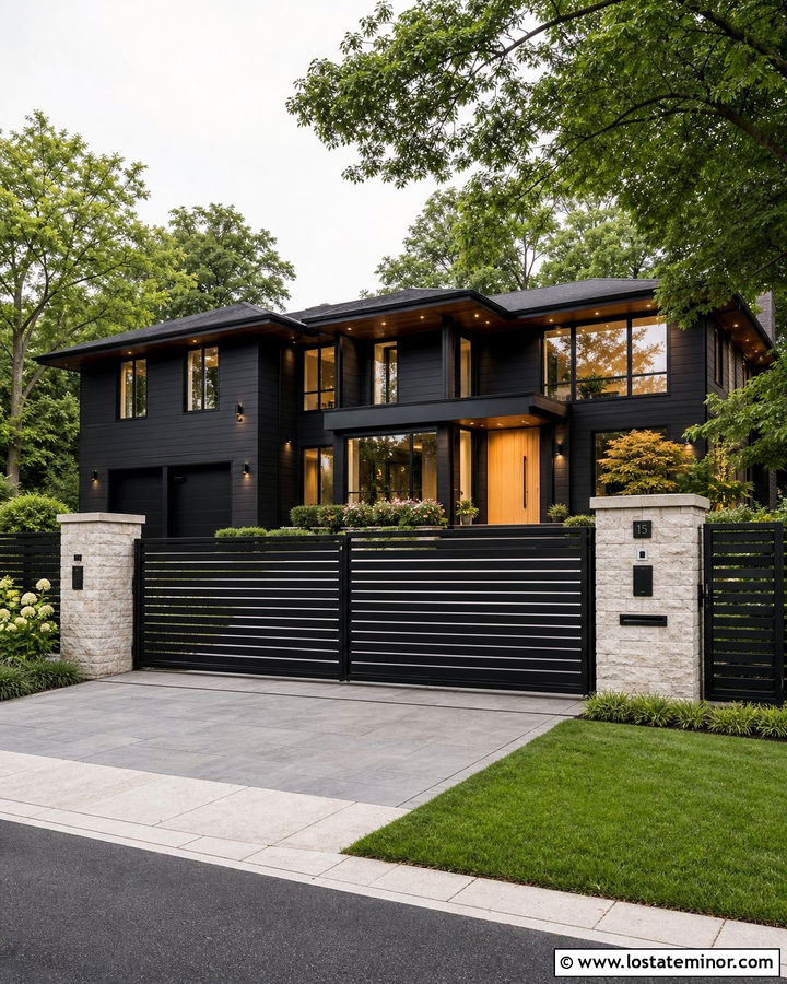 Black Luxury House With Automated Metal Gate - 30 Black House Design With Fence Ideas