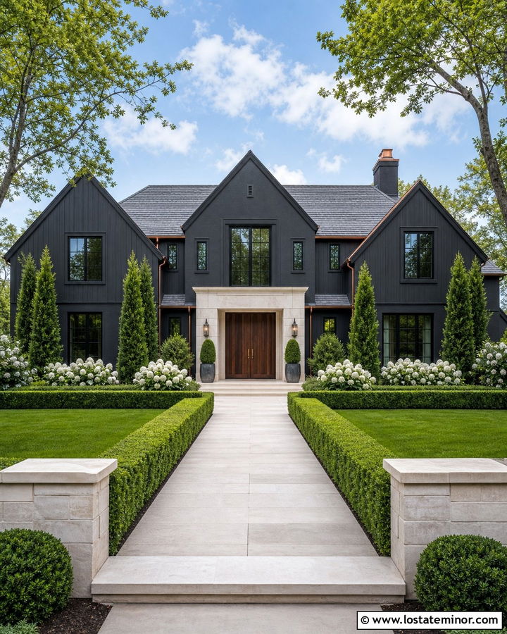 Black Luxury House With Formal Front Yard - 30 Black House Design With Front Yard Ideas