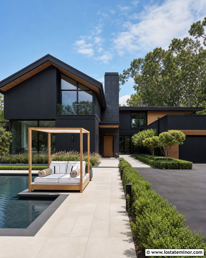 Black Luxury House With Poolside Daybed - 30 Black House Design With Daybed Ideas