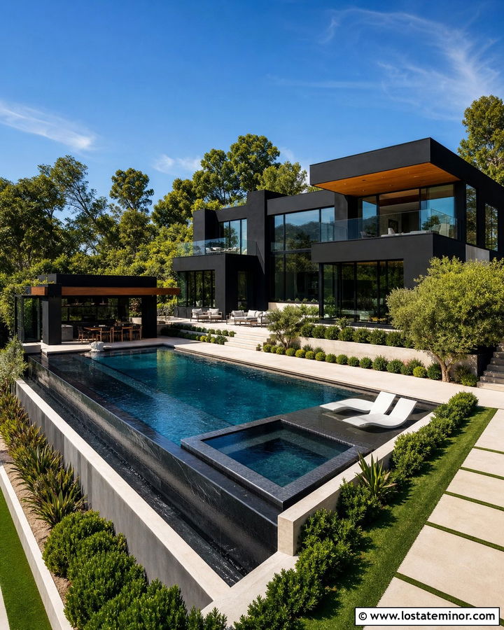 Black Luxury House With Resort Pool - 30 Black House Design With Swimming Pool Ideas