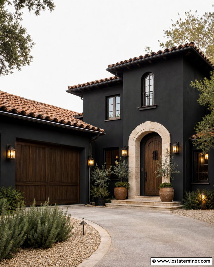 Black Mediterranean House With Aged Brass Sconces - 30 Black House Design With Light Fixtures Ideas