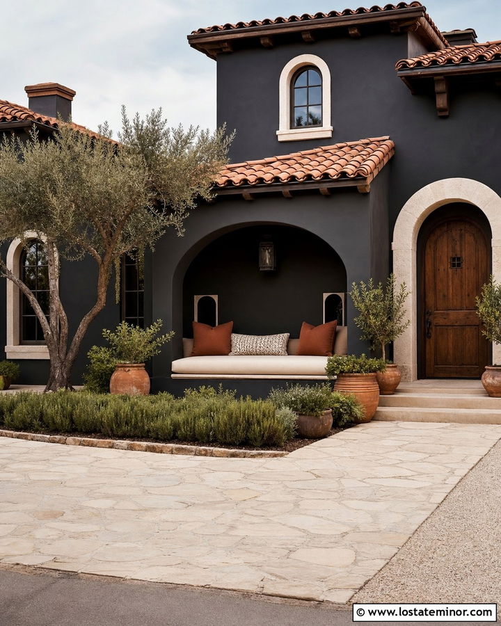 Black Mediterranean House With Arched Daybed - 30 Black House Design With Daybed Ideas