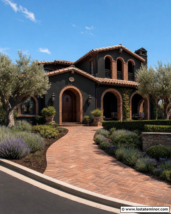 Black Mediterranean House With Brick Arches - 30 Black House Design With Brick Accents Ideas