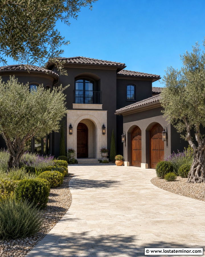 Black Mediterranean House With Limestone Driveway - 30 Black House Design With Driveway Ideas