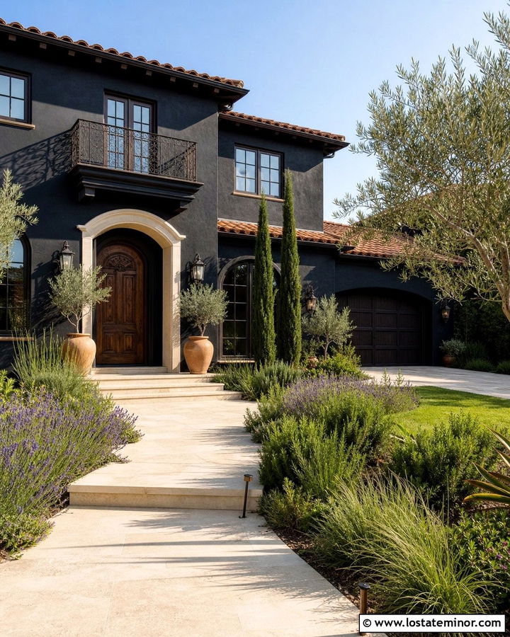 Black Mediterranean House With Limestone Walkway - 30 Black House Design With Walkway Ideas
