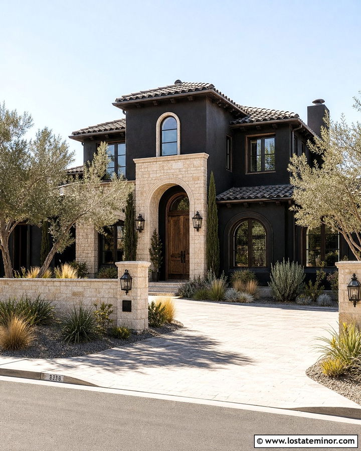 Black Mediterranean House With Limestone - 30 Black House Design With Stone Accents Ideas