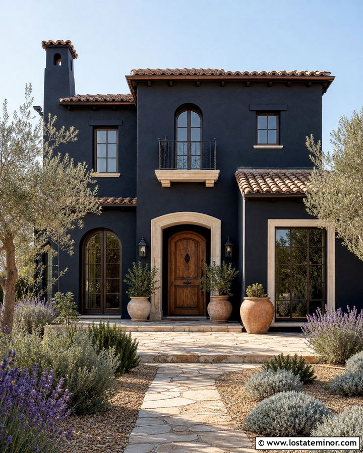 Black Mediterranean House With Olive Tree Yard - 30 Black House Design With Front Yard Ideas
