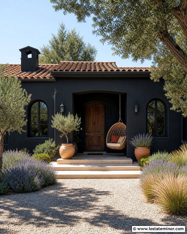 Black Mediterranean House With Rattan Swing - 30 Black House Design With Swing Ideas
