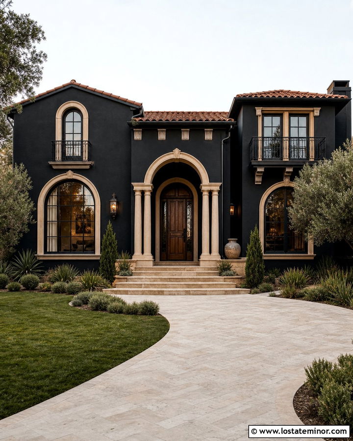 Black Mediterranean House With Sand Trim - 30 Black House Design With Trim Ideas