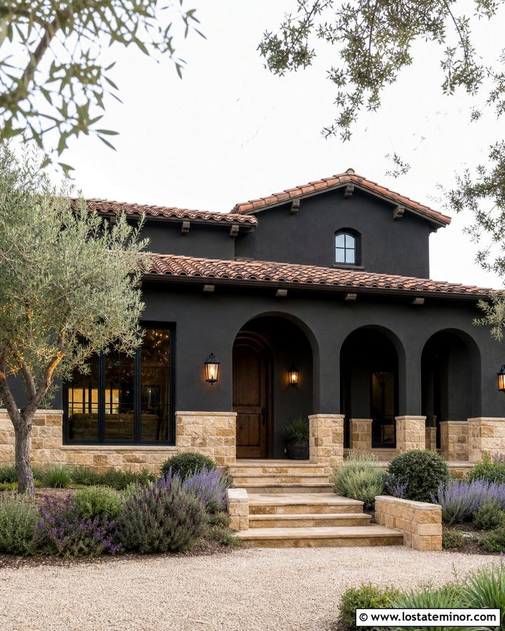 Black Mediterranean House With Sandstone Wainscoting - 30 Black House Design With Wainscoting Ideas