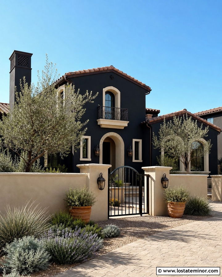 Black Mediterranean House With Stucco Wall - 30 Black House Design With Fence Ideas