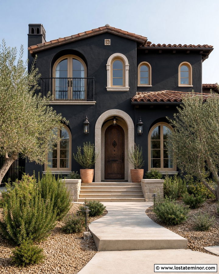 Black Mediterranean House With Tan Window Frames - 30 Black House Design With Window Frames Ideas