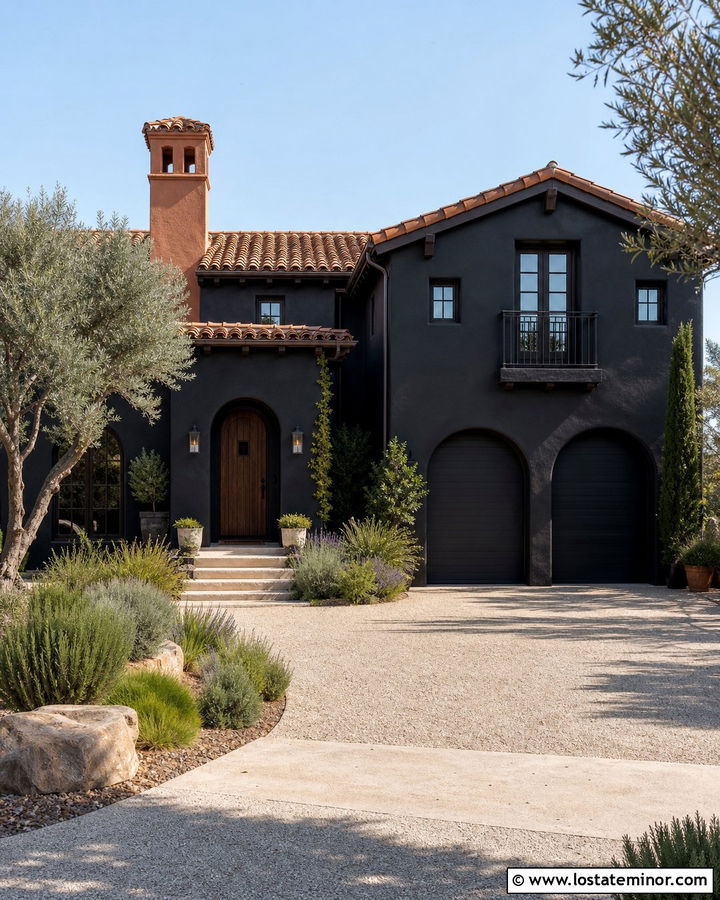 Black Mediterranean House With Terracotta Chimney - 30 Black House Design With Chimney Ideas