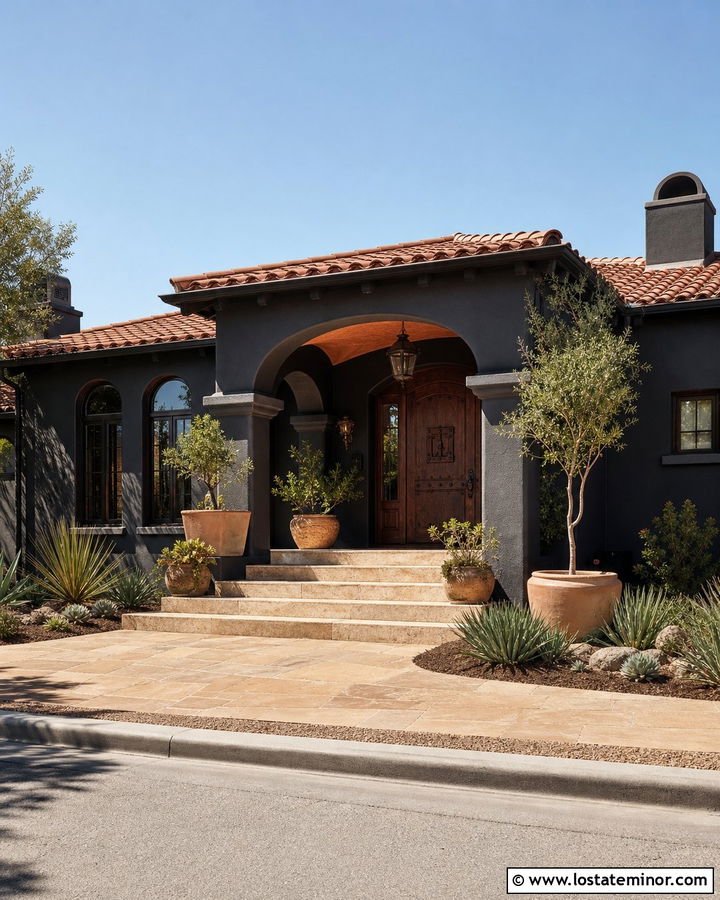 Black Mediterranean House With Terracotta Porch Ceiling - 30 Black House Design With Porch Ceiling Ideas