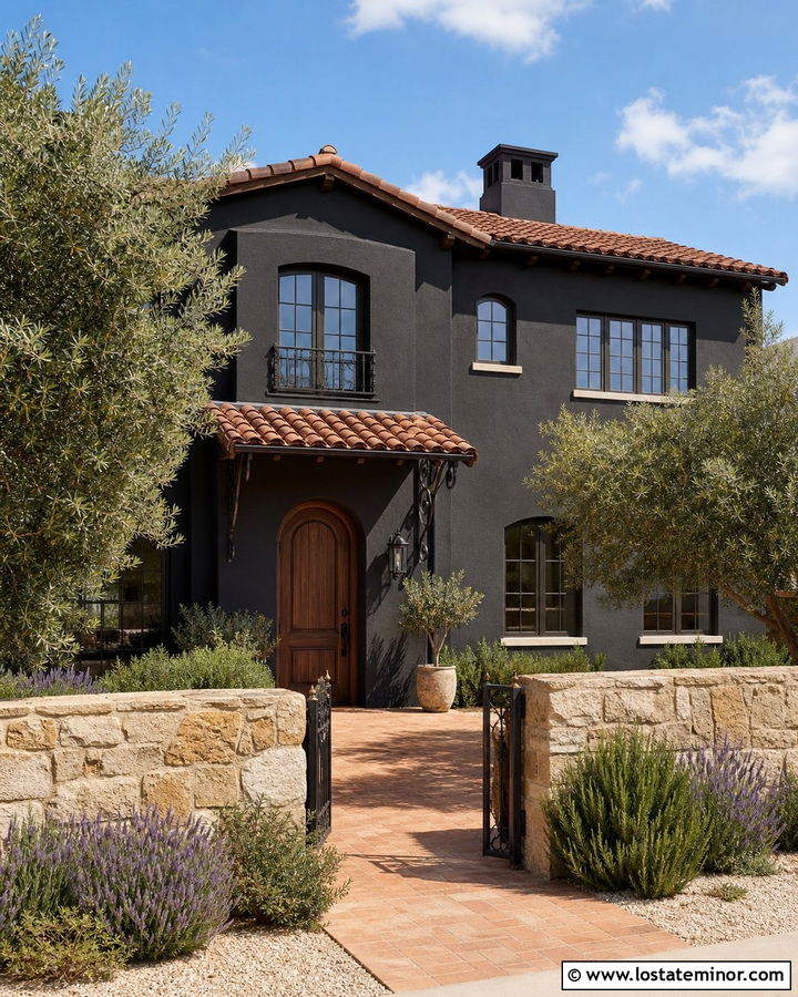 Black Mediterranean House With Tile Awning - 30 Black House Design With Awning Ideas