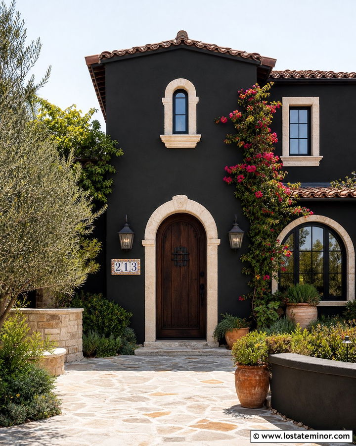 Black Mediterranean House With Tile House Numbers - 30 Black House Design With House Numbers Ideas