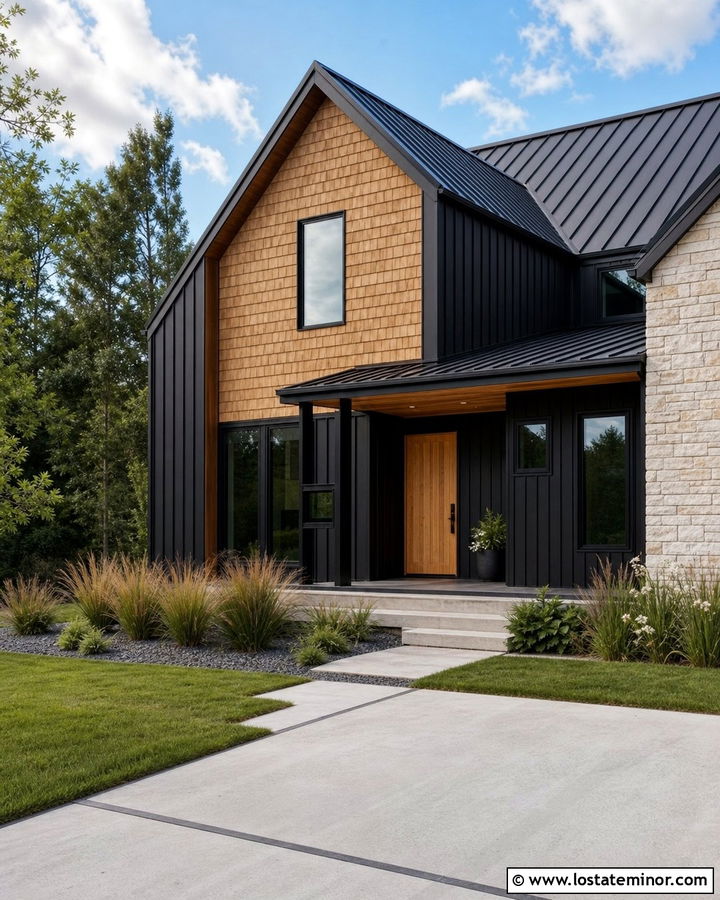 Black Metal House With Cedar Shake Entrance - 30 Black House Design With Cedar Shake Ideas