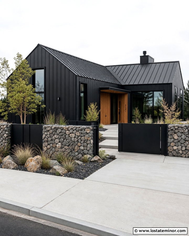 Black Metal House With Gabion Fence - 30 Black House Design With Fence Ideas