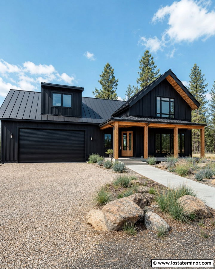 Black Metal House With Ribbed Garage Door - 30 Black House Design With Garage Door Ideas