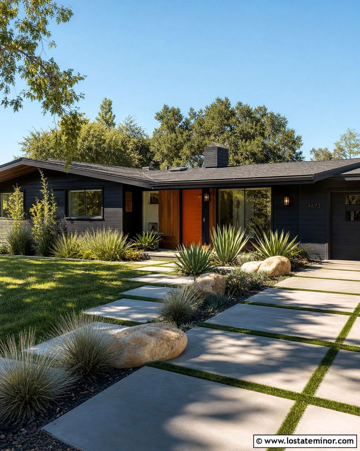 Black Mid Century House With Floating Paver Walkway - 30 Black House Design With Walkway Ideas