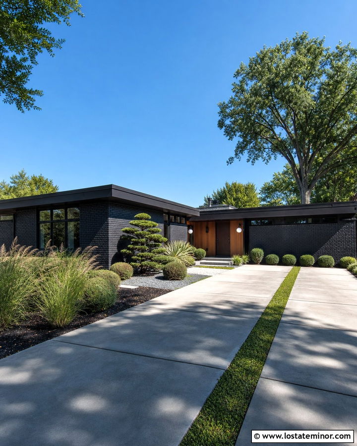 Black Mid Century House With Grass Strip Driveway - 30 Black House Design With Driveway Ideas
