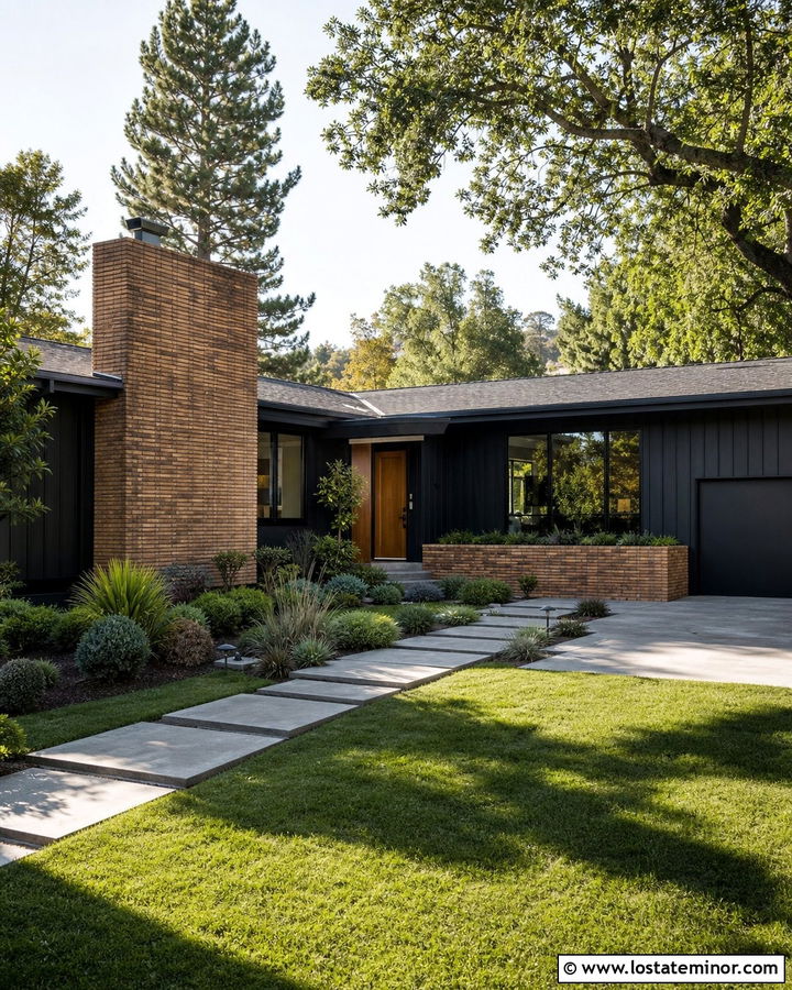 Black Mid Century House With Roman Brick Chimney - 30 Black House Design With Chimney Ideas
