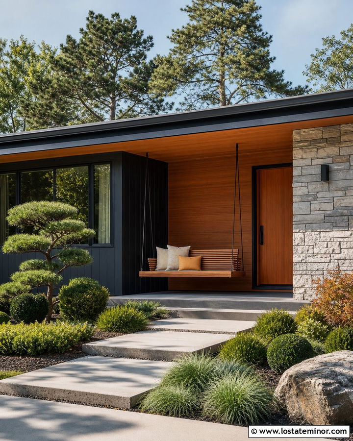 Black Midcentury House With Bench Swing - 30 Black House Design With Swing Ideas