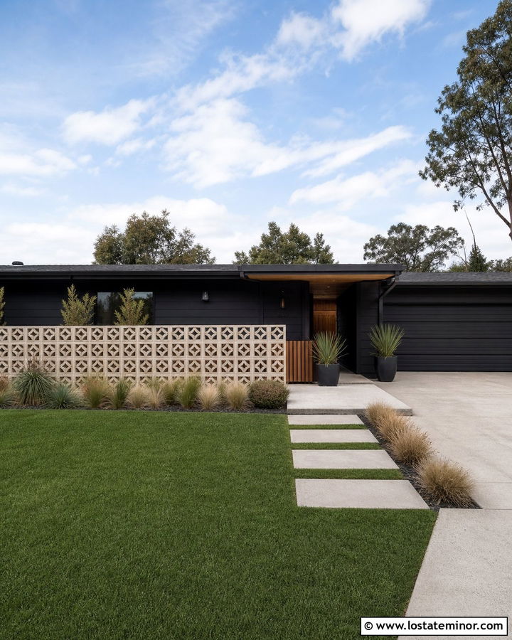 Black Midcentury House With Breeze Block Fence - 30 Black House Design With Fence Ideas