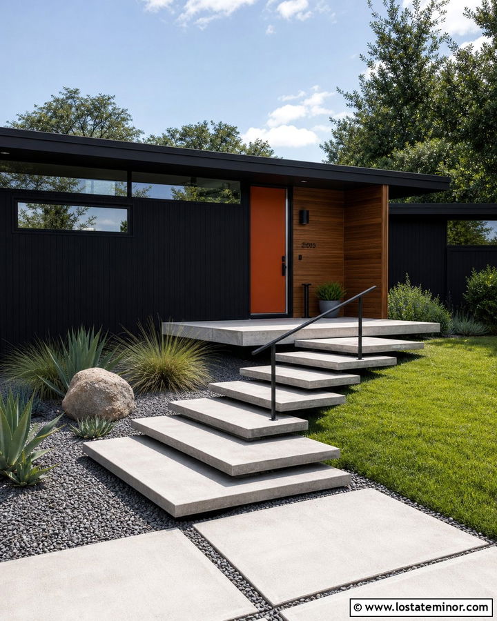 Black Midcentury House With Cantilevered Steps - 30 Black House Design With Steps Ideas