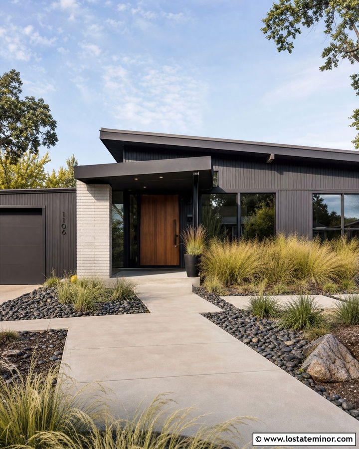 Black Midcentury House With Flat Steel Awning - 30 Black House Design With Awning Ideas