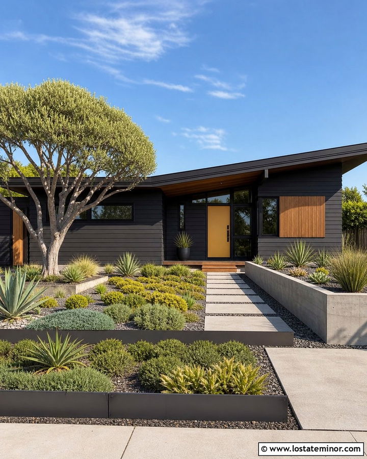 Black Midcentury House With Geometric Yard - 30 Black House Design With Front Yard Ideas