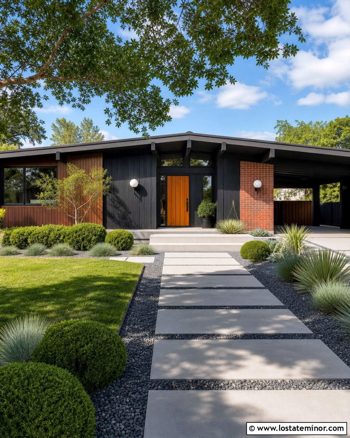 Black Midcentury House With Globe Sconces - 30 Black House Design With Lighting Ideas