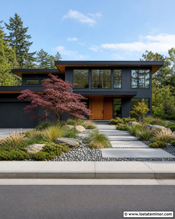 Black Midcentury House With Japanese Maple - 30 Black House Design With Landscaping Ideas